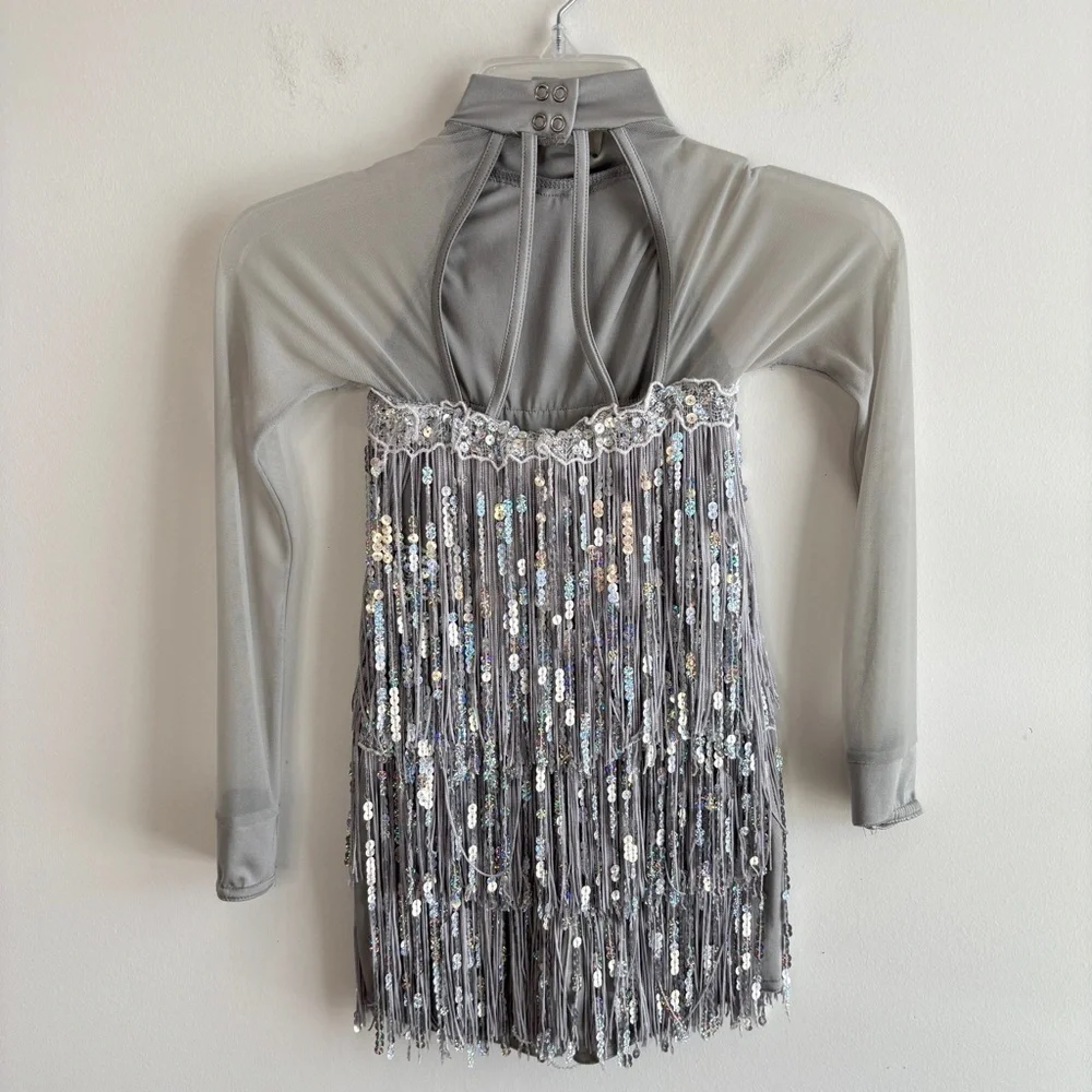 Weissman Silver Fringe Sequined Dance Skating Dress Costume size MC Flapper Tap